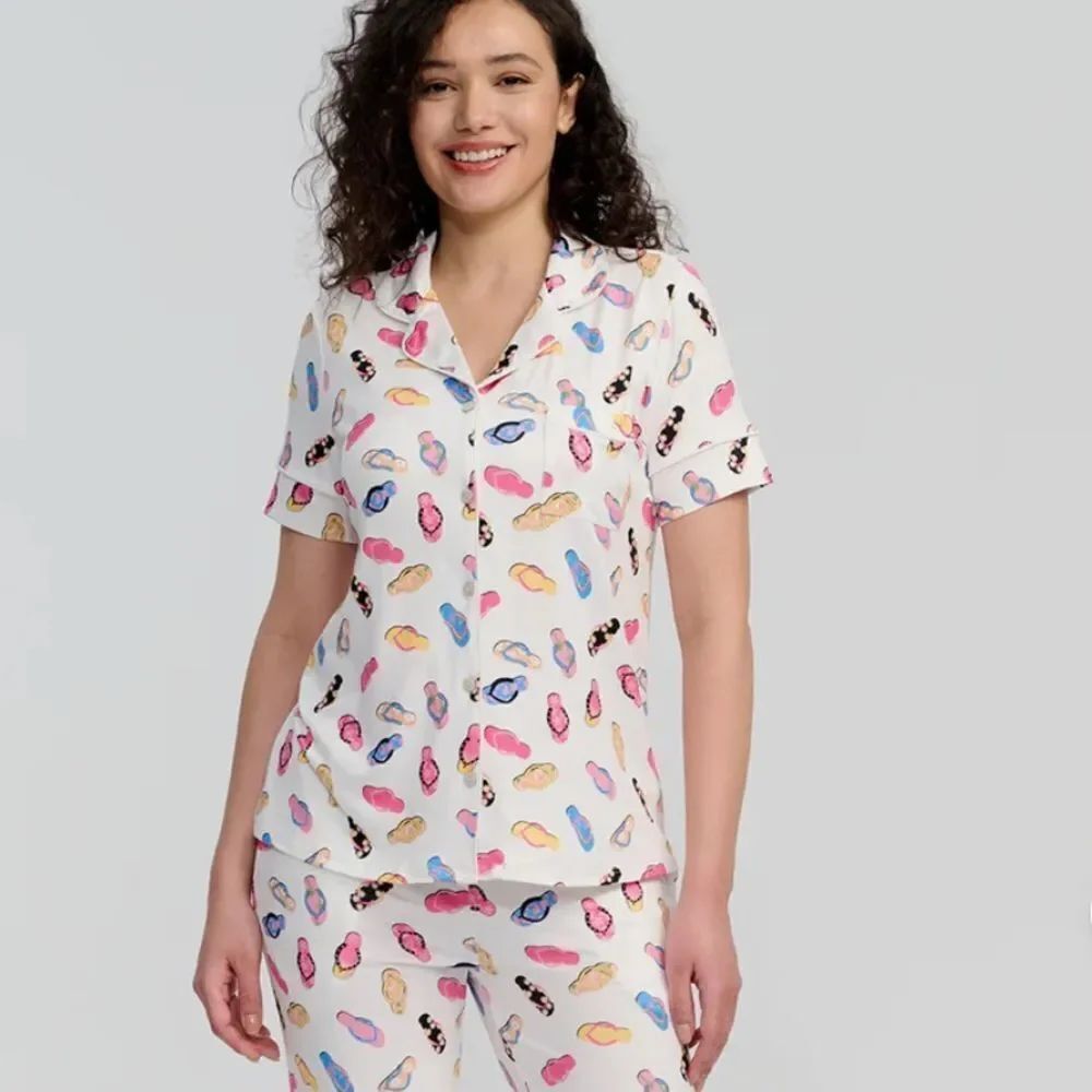 89th+MADISON L White Colorful Flip Flops Notch Collar Short Sleeve Pants PJ Set
